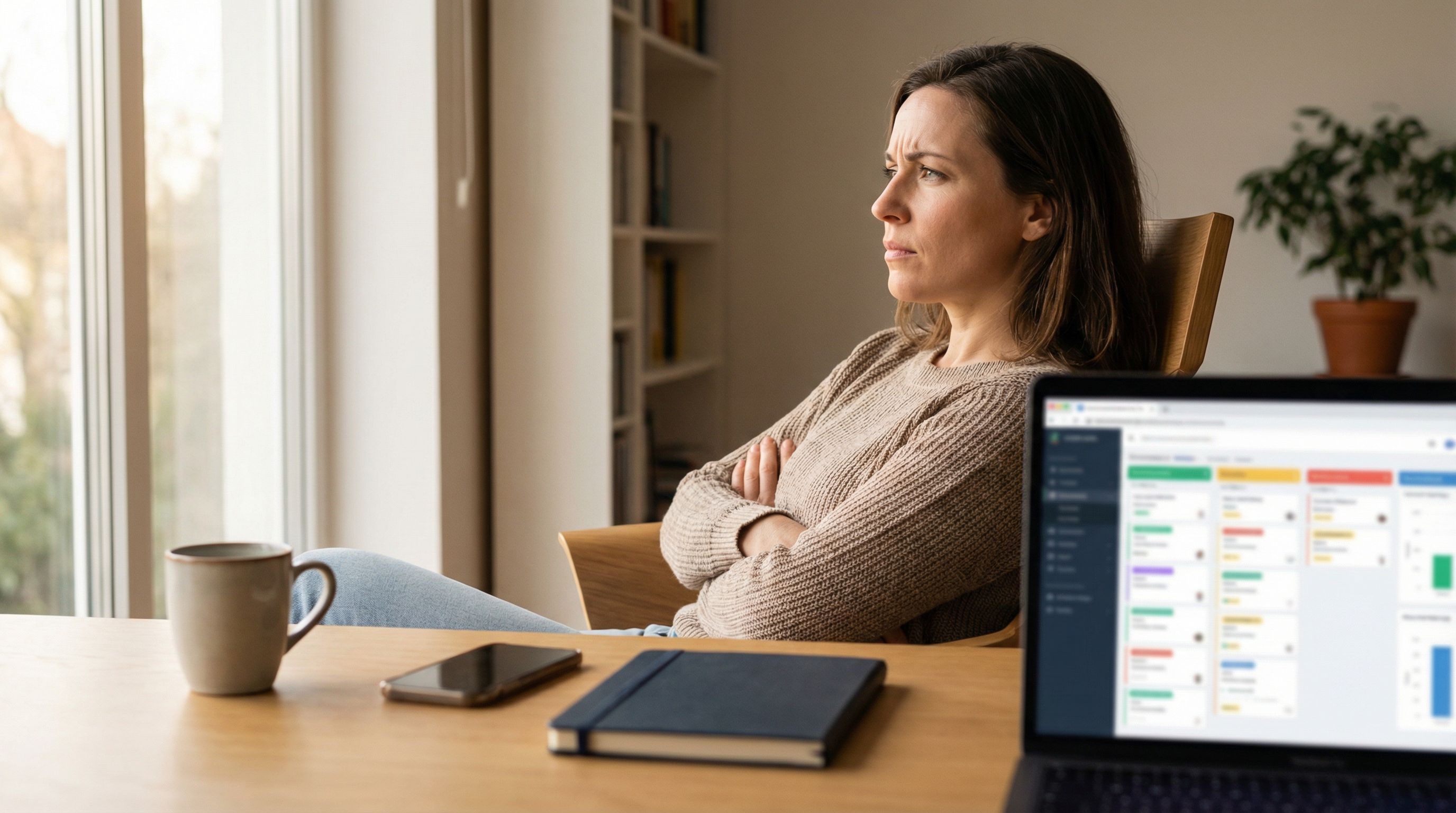Solo consultant sitting at a home office desk with arms crossed, looking frustrated at a crowded CRM dashboard on their laptop screen