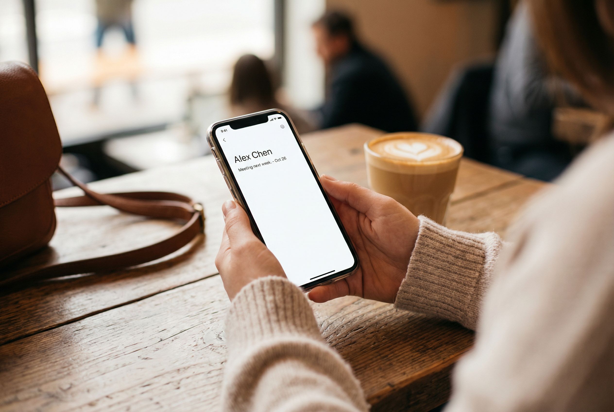 Person holding a smartphone at a cafe table showing a clean minimal app interface with a single contact card and short note