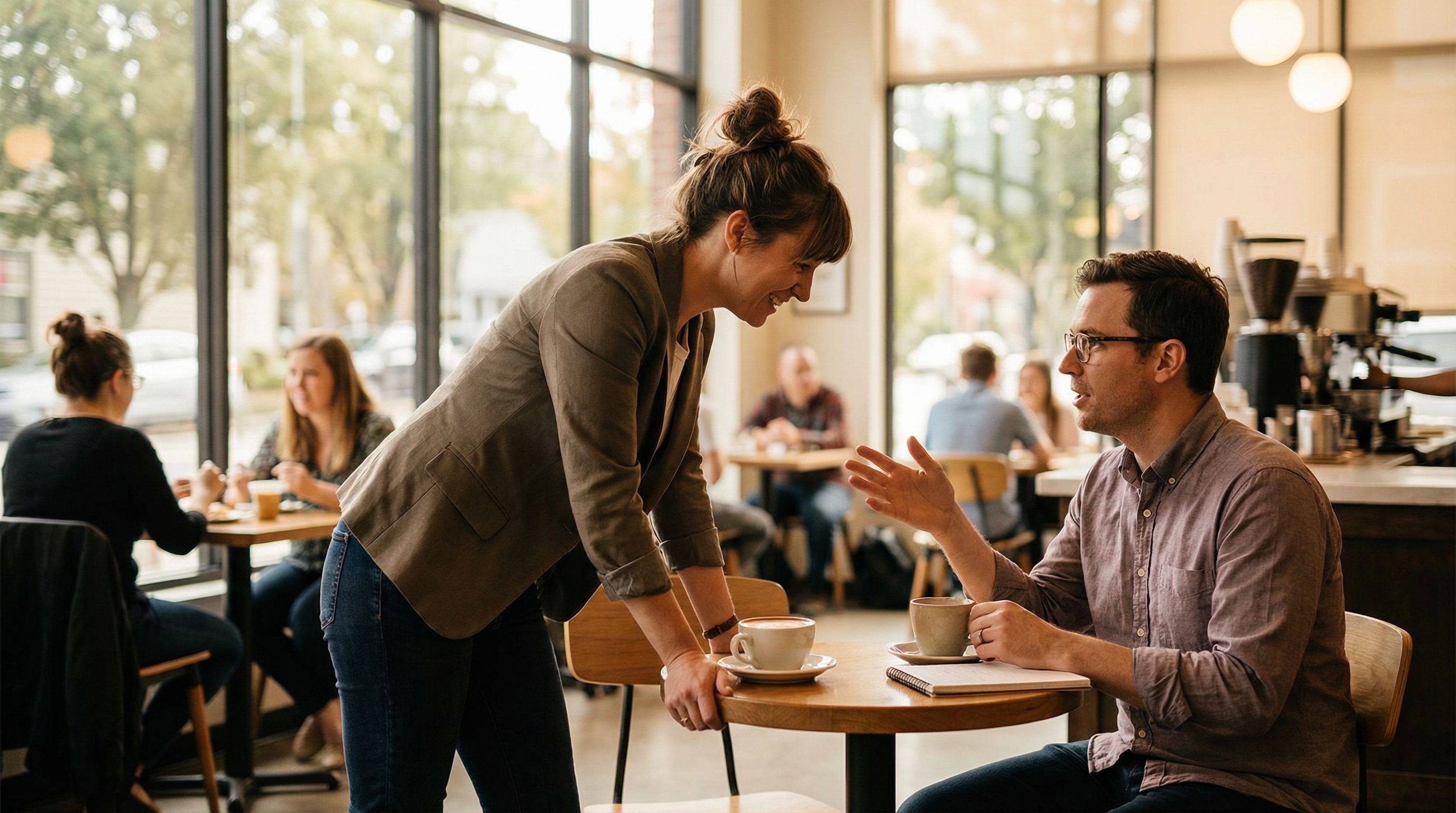 Two professionals having an engaged conversation at a small round table in a bright modern cafe with natural daylight