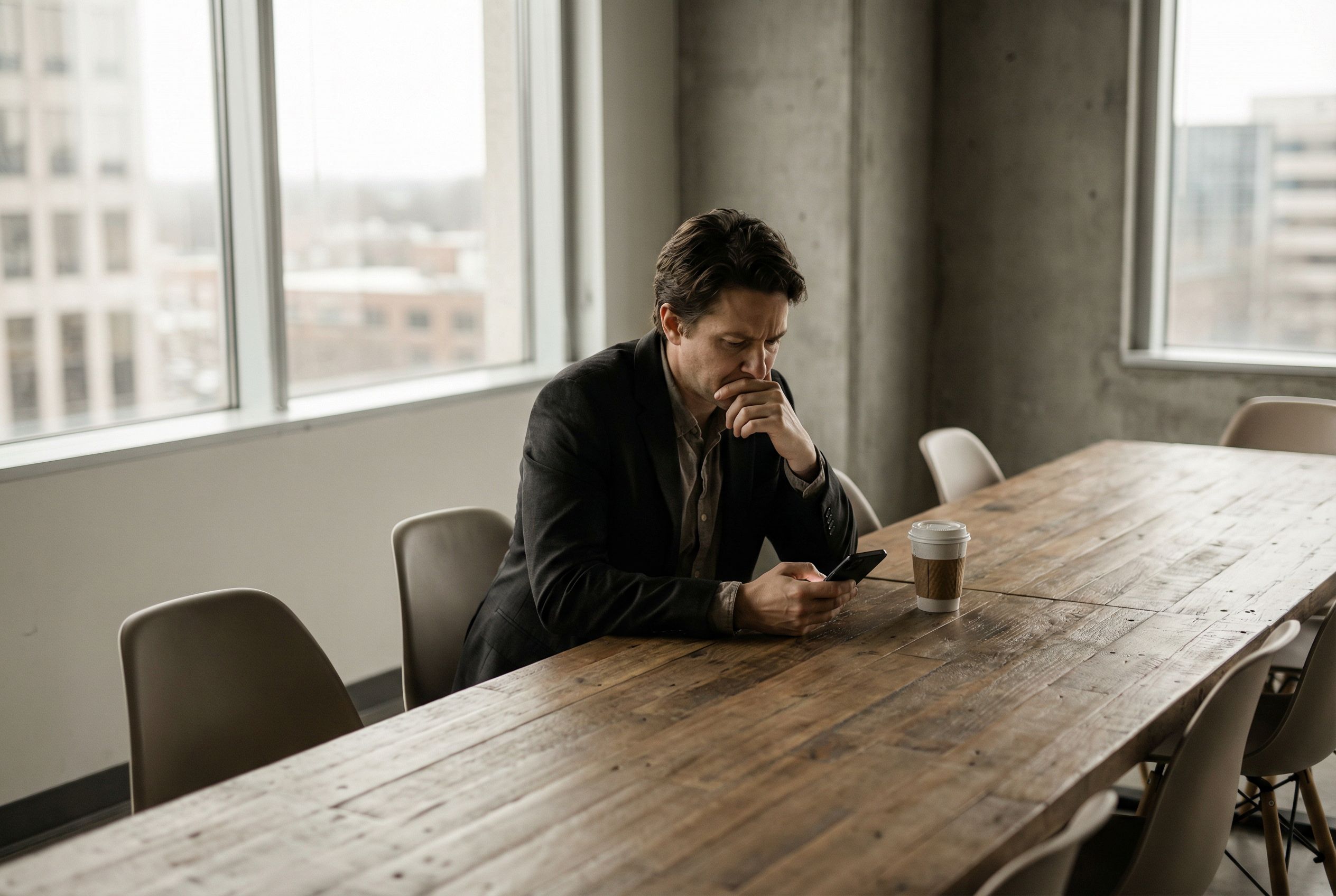 Solo consultant sitting alone at a large table in an empty meeting room, staring at their phone with a pensive expression, knowing they should have messaged someone days ago