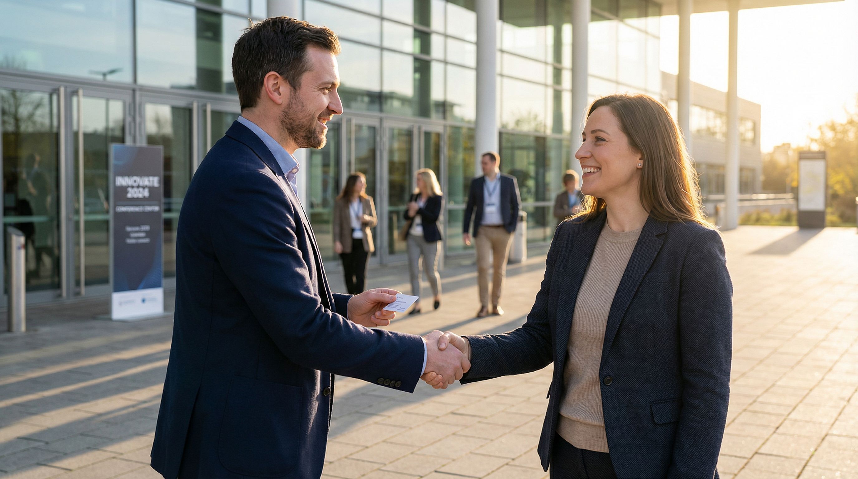 Two professionals shaking hands with genuine warmth outside a modern conference venue in late afternoon light