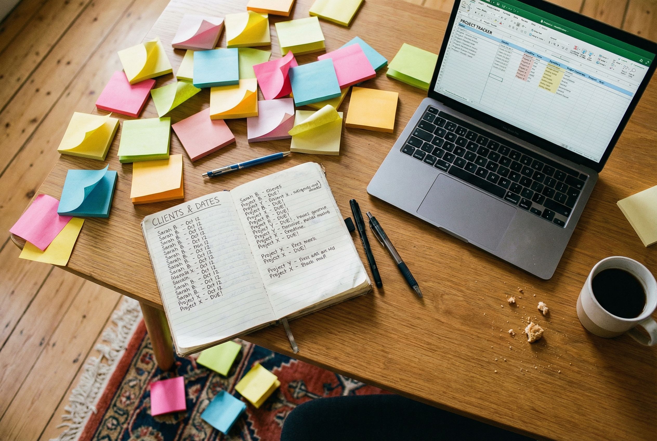 Close-up overhead shot of a creative freelancer's desk covered in colourful sticky notes and a notebook with handwritten client names, showing an improvised tracking system reaching its limits
