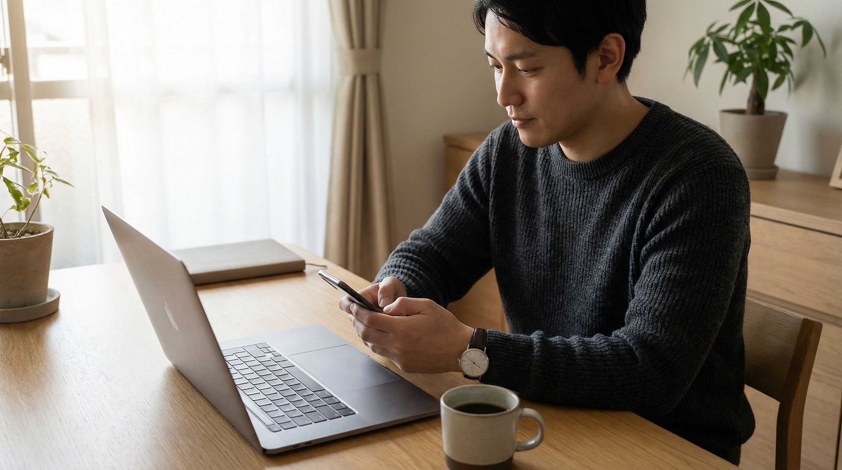 Solo professional sitting at a clean minimal desk with a laptop and coffee in soft morning light, looking at their phone with a calm focused expression