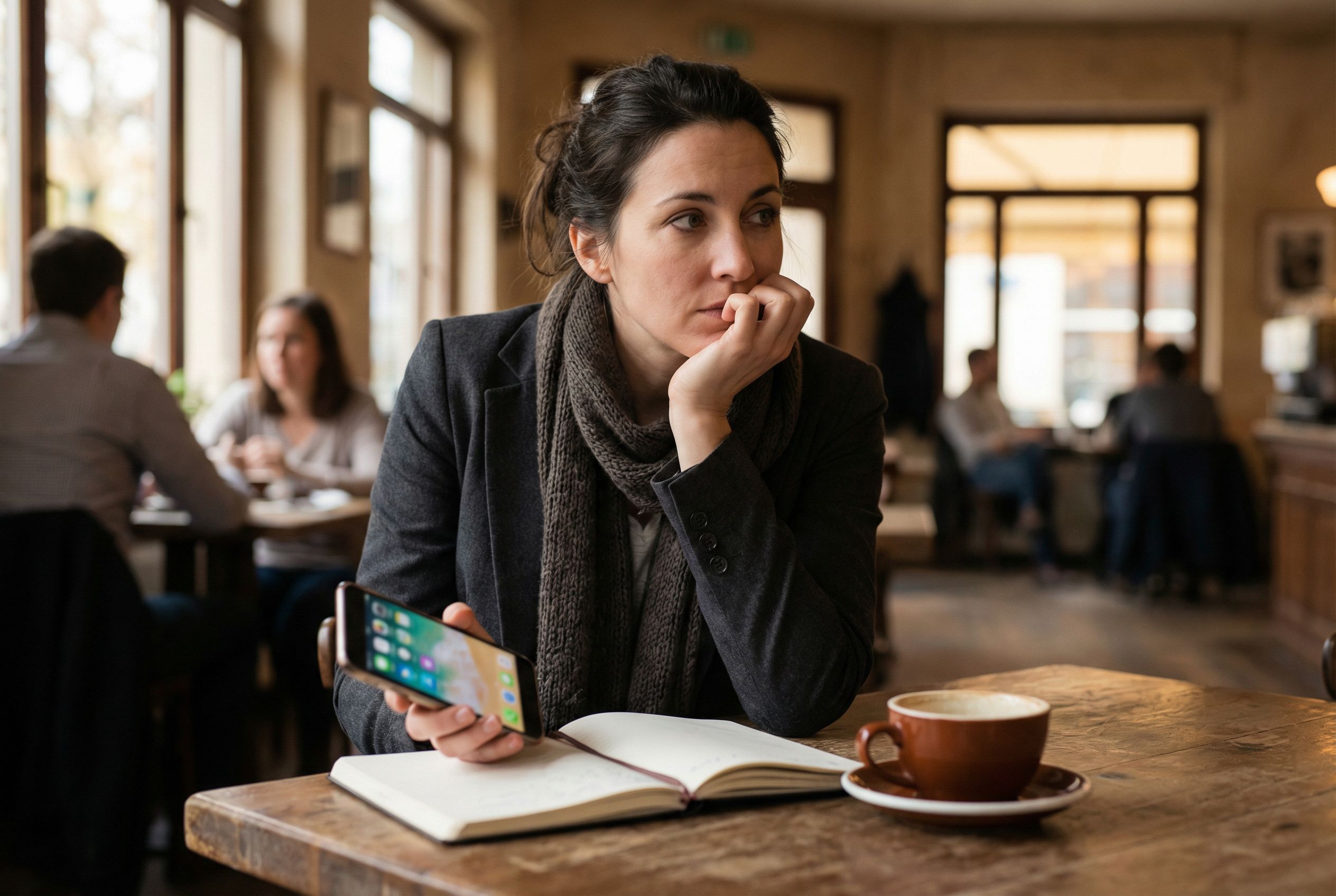 Solo consultant reviewing her best personal CRM app during a coffee meeting follow-up, looking at her phone thoughtfully at a cafe table