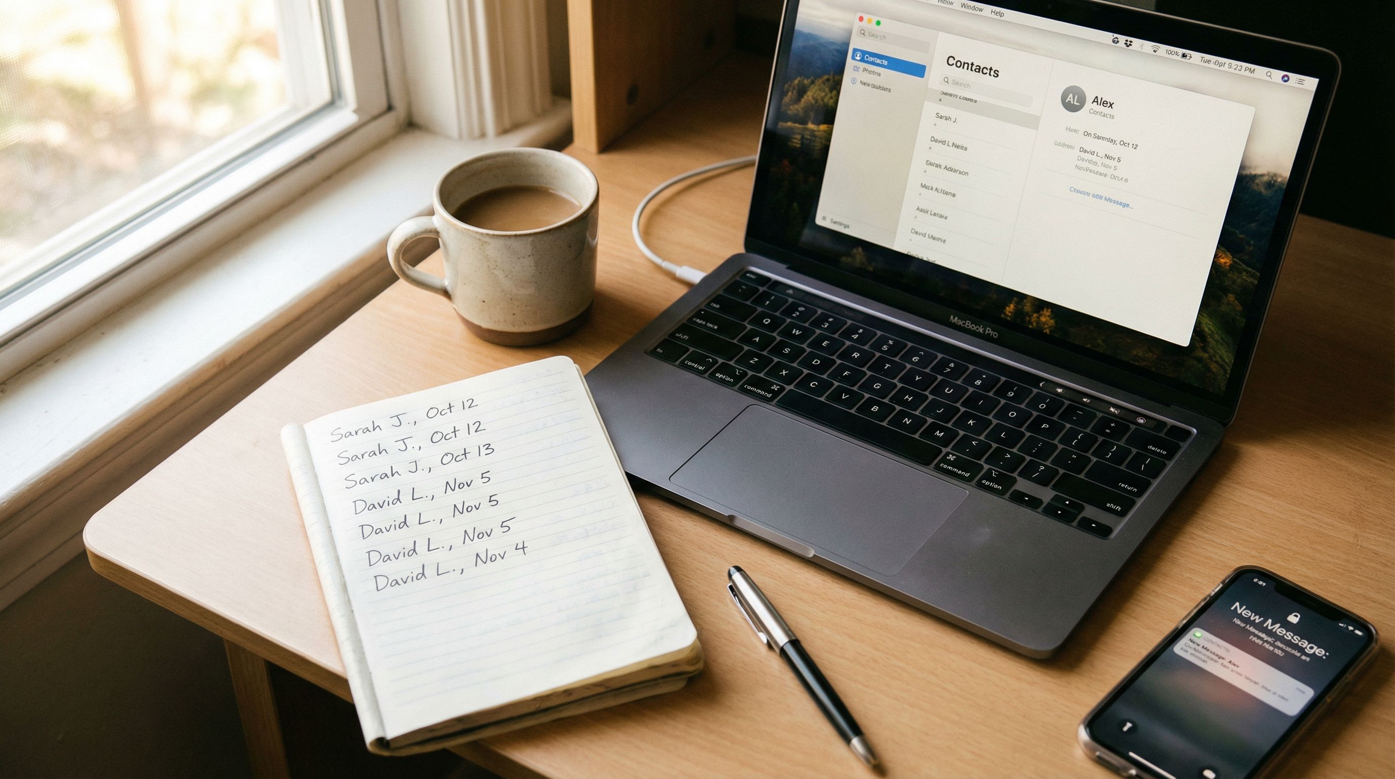 Personal CRM comparison, choosing between digital and analog relationship tracking tools on a consultant's desk