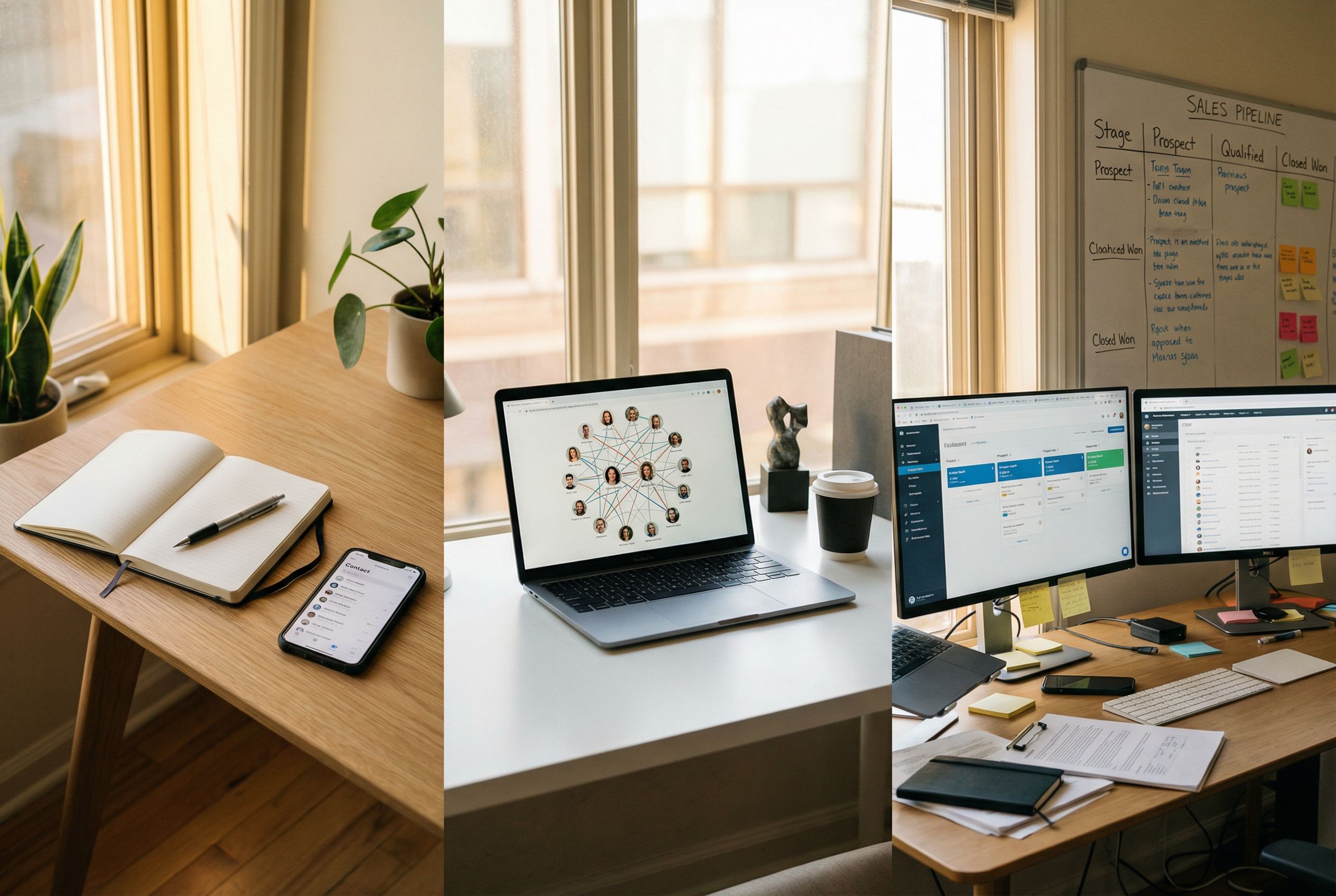 Three tiers of relationship tracker app options from simple to business-grade: notebook and phone, laptop with relationship graph, and busy multi-monitor desk