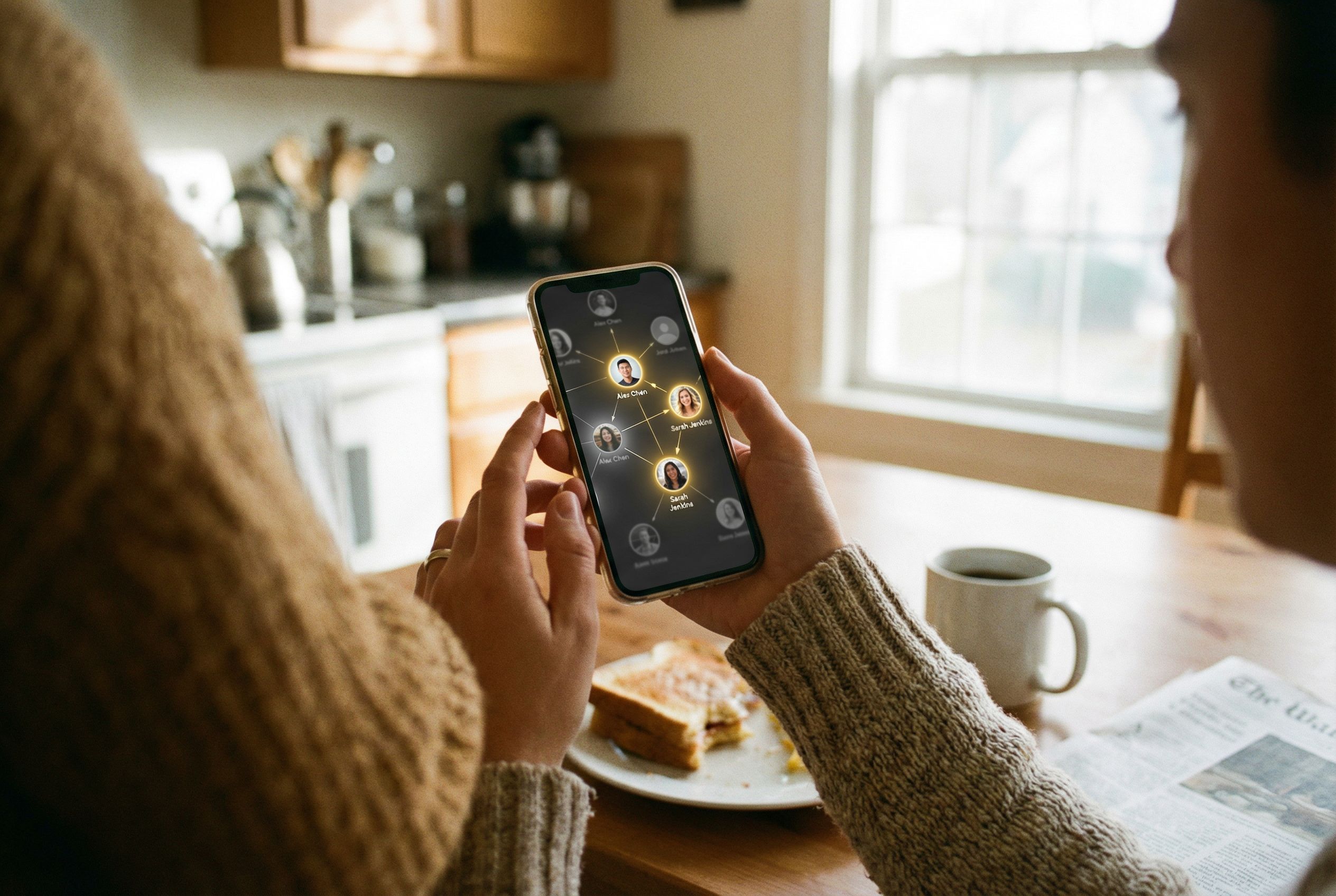 Person holding a smartphone showing a network graph visualization with connected nodes, some bright and some faded, making their professional network visible and trackable