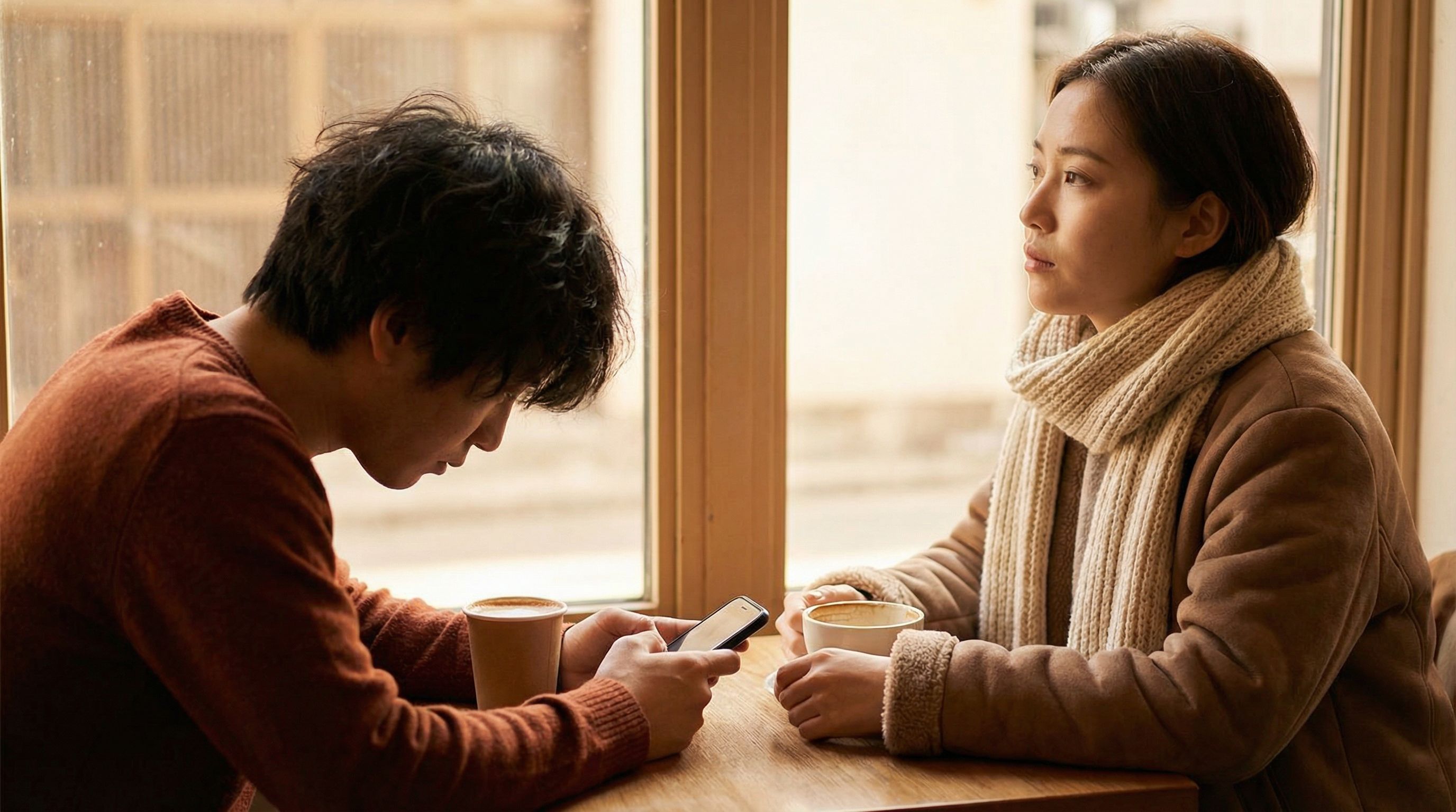 Two people at a cafe table, one looking at their phone while the other gazes out the window thoughtfully, with two coffee cups between them, one untouched