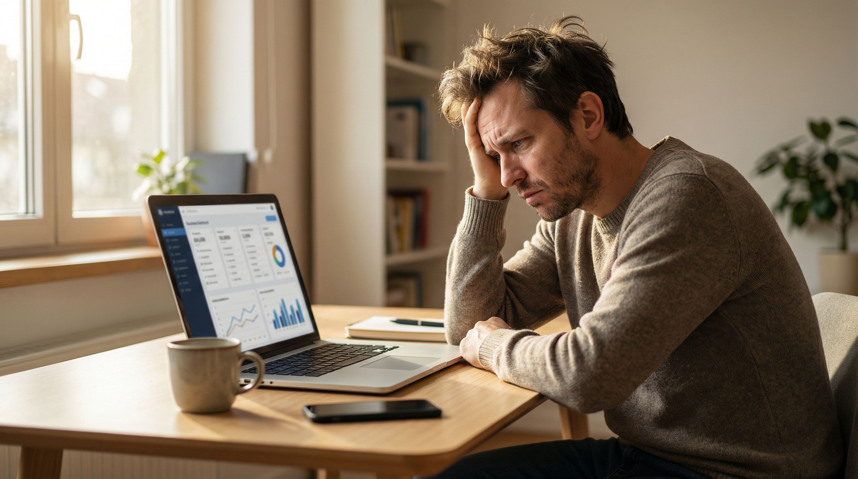 Solo consultant sitting at a clean modern desk in a bright home office, staring at a laptop showing a complex CRM dashboard with a frustrated expression