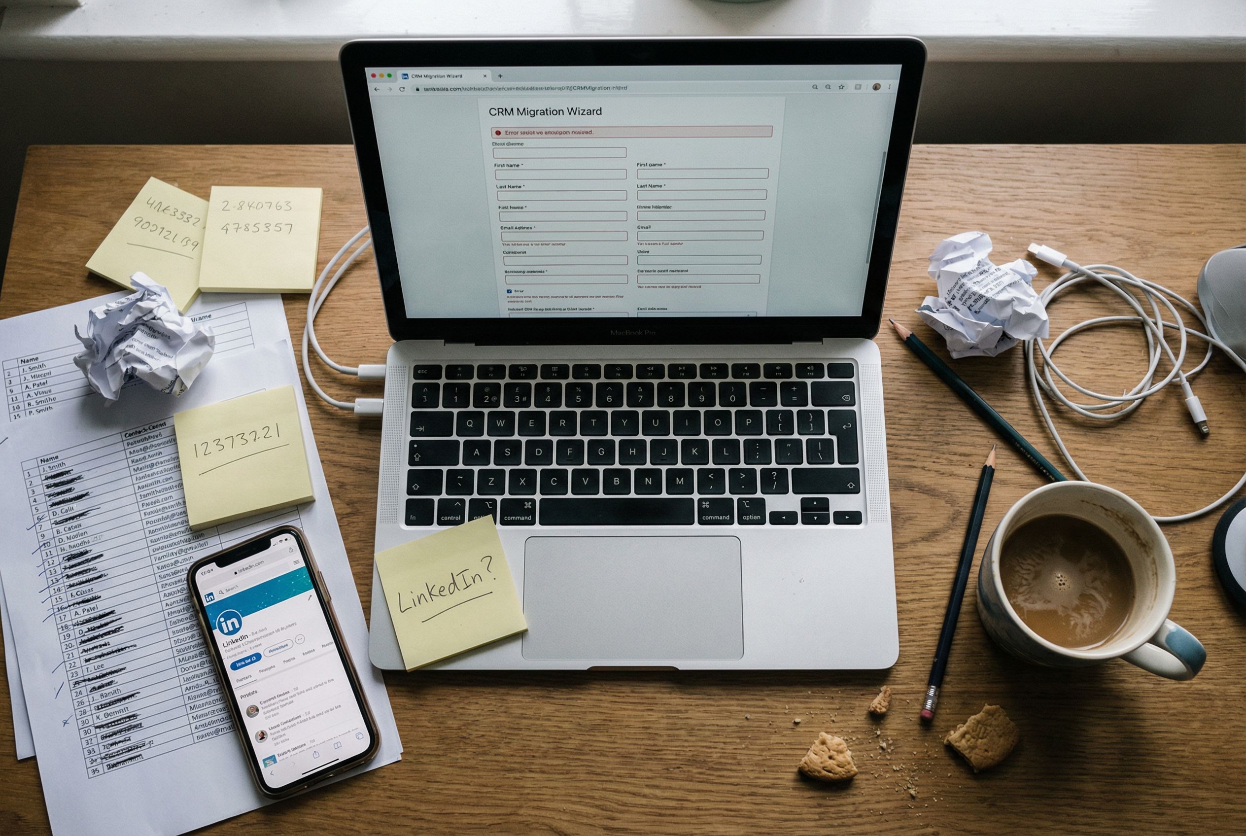 Overhead view of a messy desk covered in printed contact lists, sticky notes with phone numbers, and a laptop showing a long form with dozens of empty fields