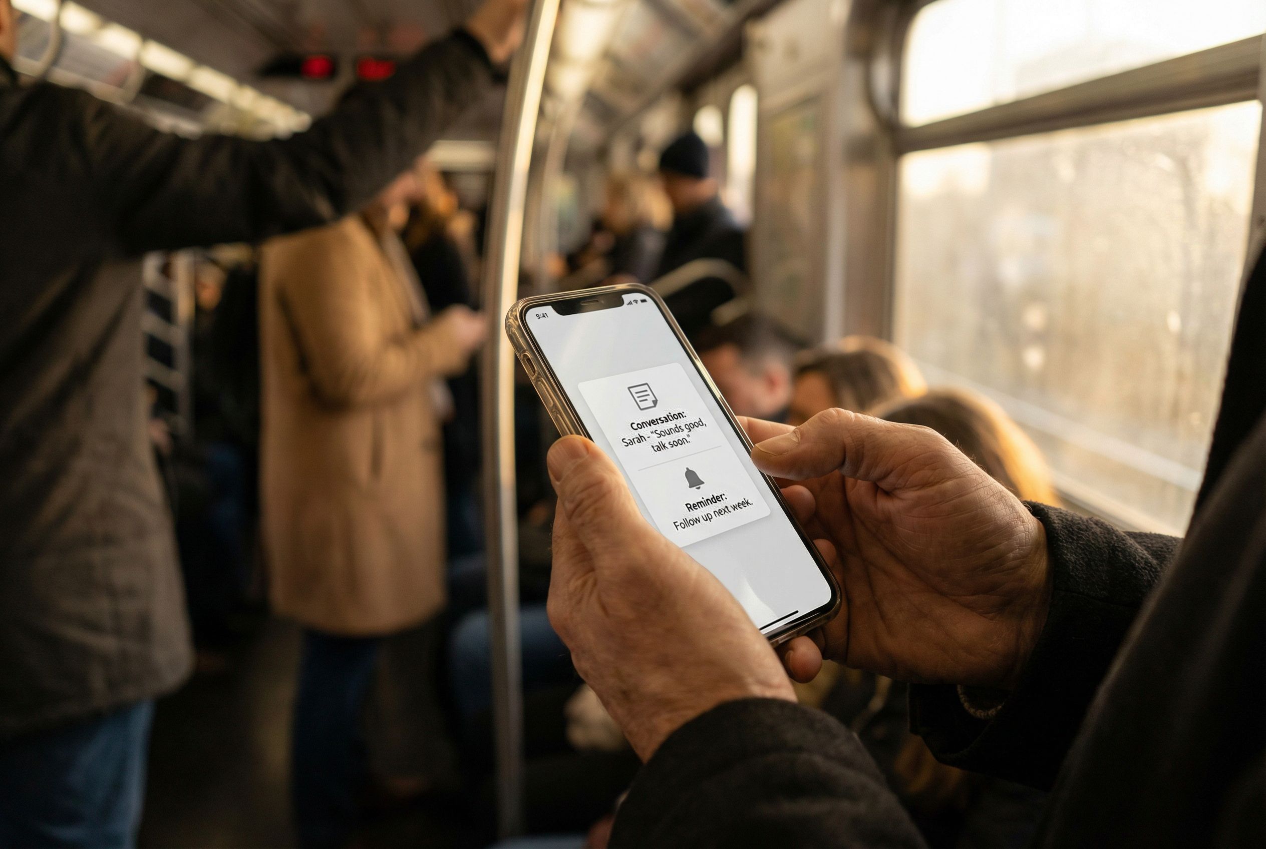 Close-up of hands holding a smartphone on a morning commute, screen showing a clean minimal app interface with a conversation note and follow-up reminder