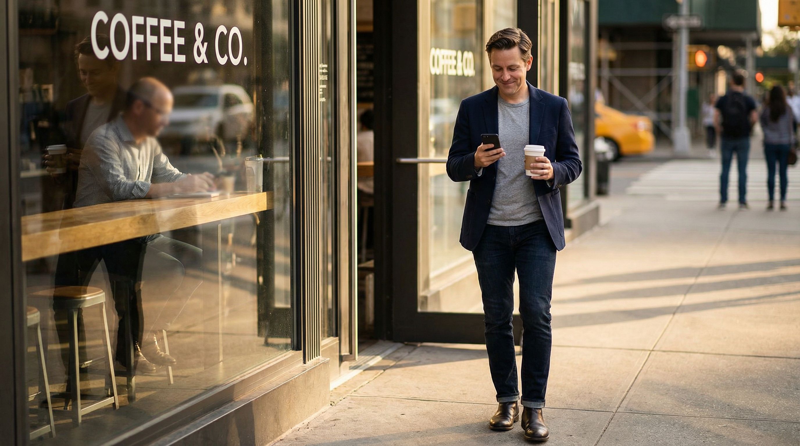 Solo consultant walking out of a coffee shop onto a sunlit pavement, holding a takeaway coffee and glancing at their phone with a confident expression