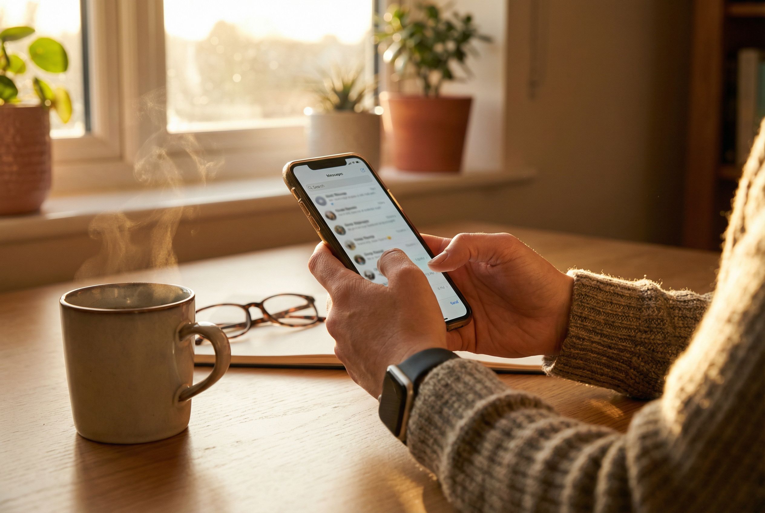 Professional's hands holding a phone about to send a message, with a coffee cup nearby in a quiet home office with warm afternoon light