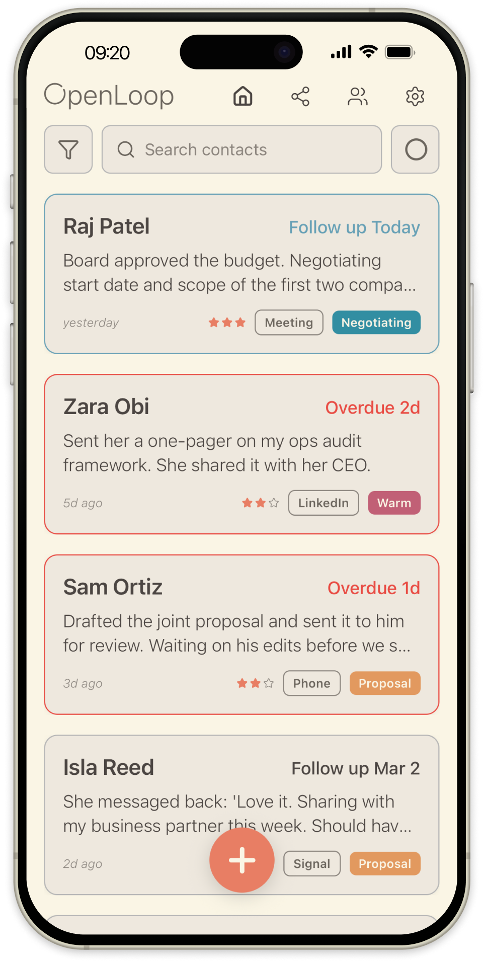 OpenLoop app screen showing upcoming and overdue follow-ups